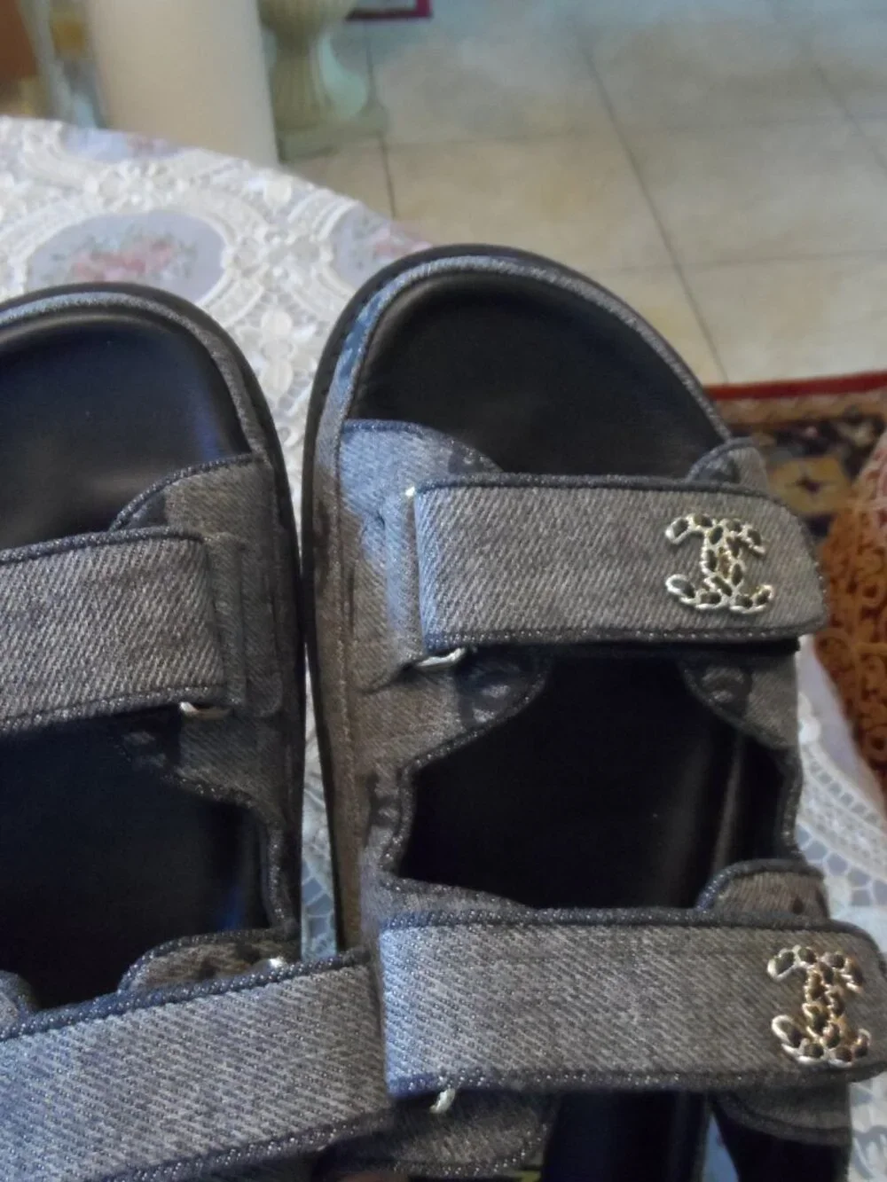 New Chanel Gray Signature Jacquard Grandpa Sandals Size 38.5B